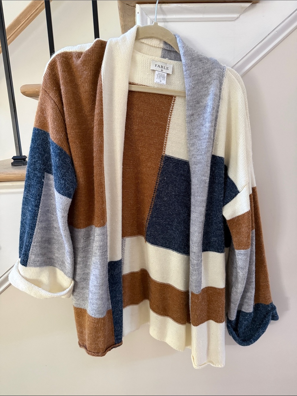 Able Colorblock Open Cardigan in Cream, Brown, Gray, Blue